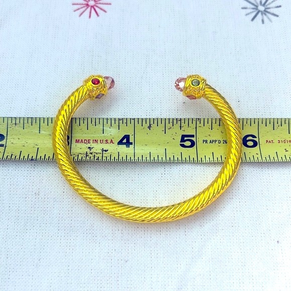 Yellow Twisted Cable Bangle Cuff Bracelet with Crystal Ends - Picture 7 of 7